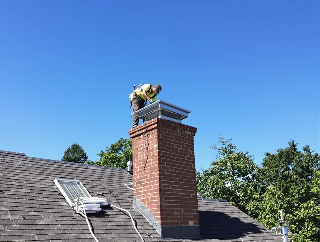 East Hartford Chimney Sweep technician measuring a chimney cap in East Hartford, CT
